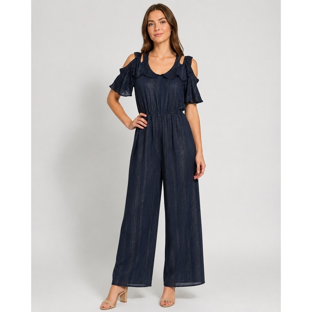 Soft Surroundings Cold Shoulder Jumpsuit Womens Petite Medium Black Gold Culotte